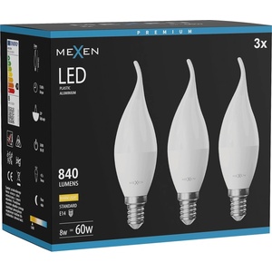 Mexen Nova 3x LED крушка пламък E14, C37, 8W, Топла - 3000K, 840 lm - L106-E14-0830-01x03 (L106-E14-0830-01x03)
