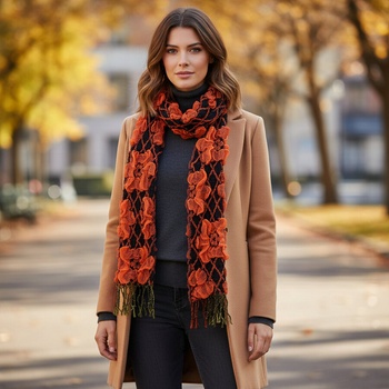 Зимен шал в черно с ефектни оранжеви цветя
