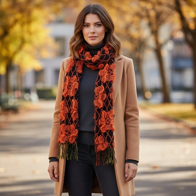 Зимен шал в черно с ефектни оранжеви цветя
