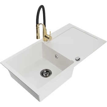 Mexen Leo гранитна кухненска мивка с 1 корито и отцедник и кухненски смесител Aster, бял - 6501-20-73450-57-B (6501-20-73450-57-B)