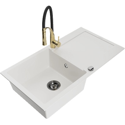 Mexen Leo гранитна кухненска мивка с 1 корито и отцедник и кухненски смесител Aster, бял - 6501-20-73450-57-B (6501-20-73450-57-B)