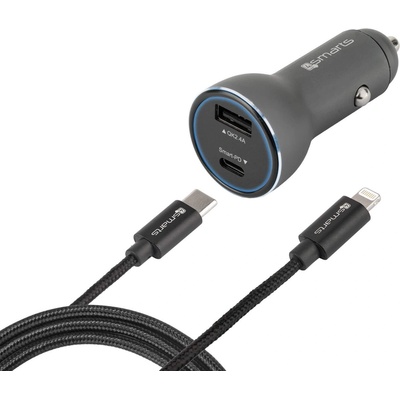 4smarts Fast Car Charger Set - зарядно за кола с USB и USB-C изход и Lightning към USB-C кабел за iPhone, iPad и устройства с Lightning порт (черен)