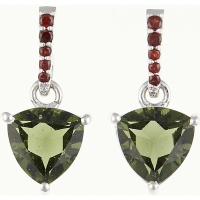 My Moldavite Stříbrné náušnice s vltavíny a granáty srdce 283G-2
