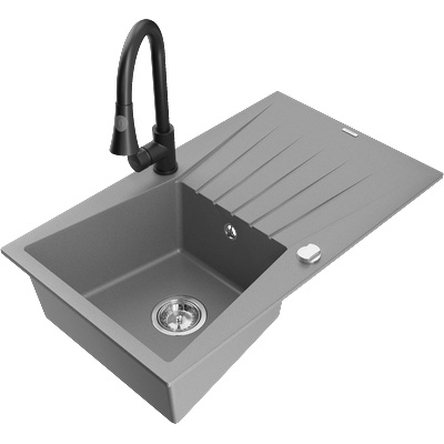 Mexen Cesar гранитна мивка с 1 корито с отцедник и кухненски смесител Elia, сив - 6514-71-670101-70 (6514-71-670101-70)