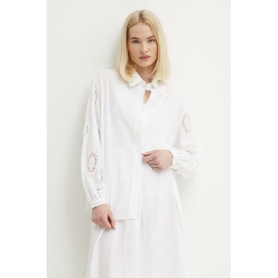 Sisley Памучна риза Sisley дамска в бяло със свободна кройка с класическа яка (5MUTLQ06W)