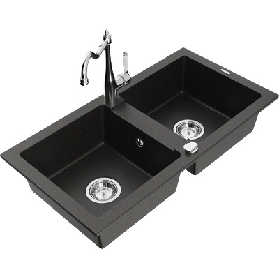 Mexen Mario двоен гранитен мивка с кухненски смесител Carla, черно/златен металик - 6504-75-670700-00 (6504-75-670700-00)