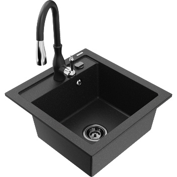 Mexen Vito гранитна кухненска мивка 1-коморно с кухненски смесител Savita, черен/сребърен металик - 6503-73-672601-70-B (6503-73-672601-70-B)