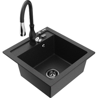 Mexen Vito гранитна кухненска мивка 1-коморно с кухненски смесител Savita, черен/сребърен металик - 6503-73-672601-70-B (6503-73-672601-70-B)