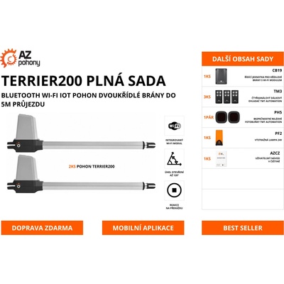 TERRIER200 PLNÁ SADA - Bluetooth Wi-Fi IoT pohon dvoukřídlé brány do 5m průjezdu
