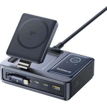 Baseus Захранване за ел. мрежа с вградена поставка (пад) за безжично зареждане за iPhone с MagSafe и 1xUSB-A и 2xUSB-C изходи - Baseus Nomos 5-in-1 Desktop Charger With USB-C Cable Qi2 140W (P10170902123-00) (черен) (P10170902123-00 , P10178800123-00)