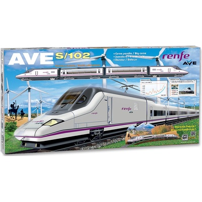 Pequetren vysokorychlostní vlak Renfe Ave S 102 s diorámatem krajiny