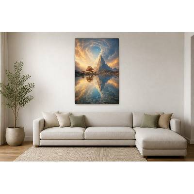 Obraz na plátně – Skalní vrchol nad zrcadlovou hladinou 90 × 135 cm