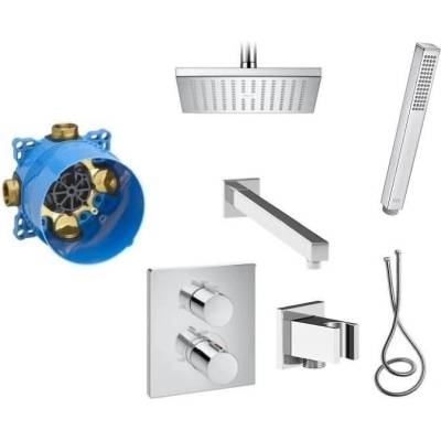 Комплект с термостатичен смесител с Roca Box, душ глава и рамо, ръчен душ, шлаух и държач (A5D1088C00)