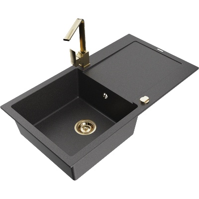 Mexen Leo гранитна мивка с 1 гнездо и отцеждачка и кухненски смесител Rita, черно на петна - 6501-76-670300-50 (6501-76-670300-50)