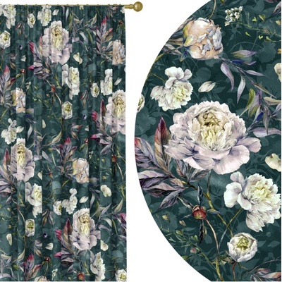 Soovi Home Zatemňovací záves Botanica Peony – kvetinový vzor pivónií a lupeňov na smaragdovom podklade Veľkosť: 140x270 na riasiaci pás