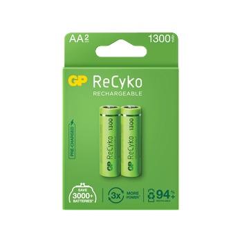 GP Batteries Акумулаторни батерии GP ReCyko AA 1300mAh (R6), рециклируеми опаковки 2бр (GPRHC132E000)