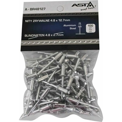 ASTA A-BR48127 Trhací nýty hliník-ocel, 4,8 x 12,7 mm, s plochou hlavou, sada 100 ks