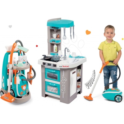Smoby set elektronická Tefal Studio Bubble tyrkysová a upratovací vozík s vysávačom 311023-3
