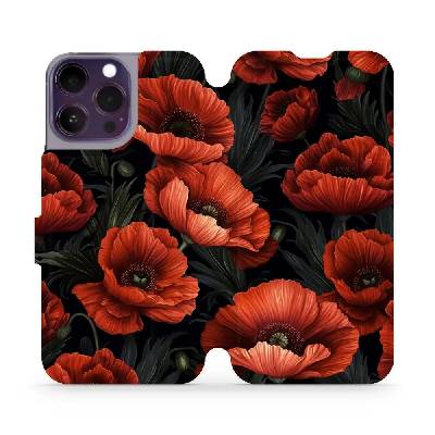 Flipové pouzdro Mobiwear - Apple iPhone 14 Pro Max - VP45S Temné červené květy (Knížkové flip pouzdro, obal, kryt na mobil Apple iPhone 14 Pro Max - VP45S Temné červené květy, materiál Umělá kůže + TP