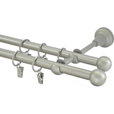 OK-GarnýžeCZ Garnýž kovová dvouřadá 16mm Koule stříbrná mat 320 cm do stěny / kroužky s žabkou