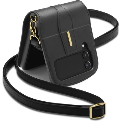 Spigen Кожен Калъф с Каишка за Samsung Z Flip 4, Spigen Lienar Calin Case, Черен (ACS05171)