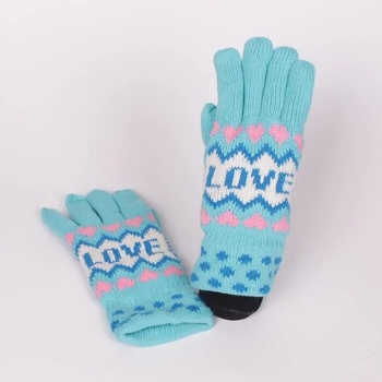 Image 1 of Светлосини плетени дамски ръкавици с розови сърчица