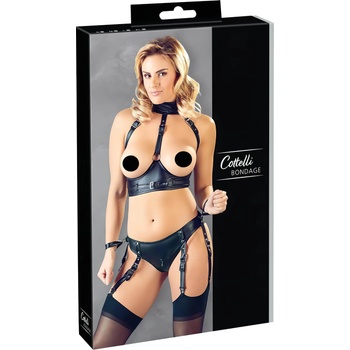 Cottelli Collection Bondage - лъскав бюстие комплект с белезници (черно) - L