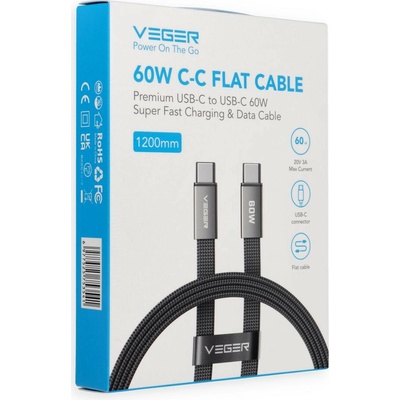 Veger CC06-MTB Flat Type C to Type C PD 3A 60W 1,2m černý