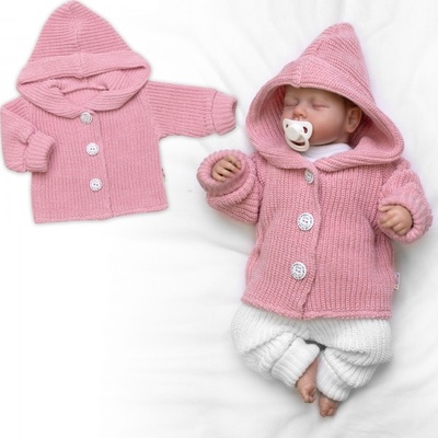 Baby Nellys Pletený svetřík s kapucí a knoflíčky Made with Love růžový