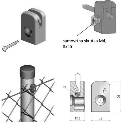 Úchytka napínacieho drôtu so skrutkou M4, čierna RAL 9005