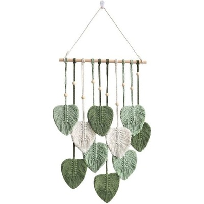 Lapač snov - Veľká, závesná macramé dekorácia Boho Listy - Zeleno béžová