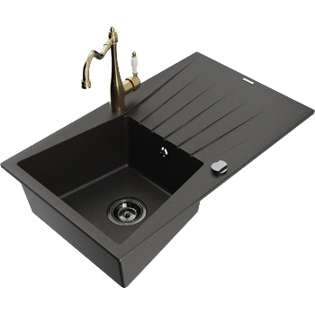 Mexen Cesar гранитна мивка с 1 корито и отцедник и кухненски смесител Carla, черен/златен металик - 6514-75-670700-50-B (6514-75-670700-50-B)