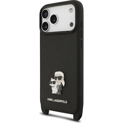 Karl Lagerfeld Saffiano Crossbody Popruh Metal Karl and Choupette Zadný Kryt pre iPhone 17 Pro Black