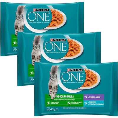 PURINA ONE INDOOR с риба тон и зелени фасул в сос, с телешко и морков в сос, 12 x 85 г