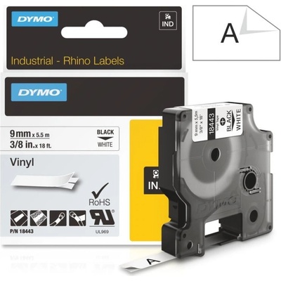 Páska Dymo Rhino vinyl, 9mm (18443) bílá, černý tisk, 5,5m