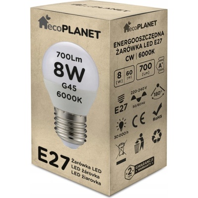 ecoPLANET LED žárovka E27 G45 8W 700lm studená bílá EP0108
