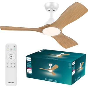 Philips Olas ceiling fan with LED light, 3 blades, 106 cm diameter, 2650 lumens, adjustable white light from 3000 K to 6500 K, dimmable to 5%, including remote control, white/wood, modern - 09598500 (09598500