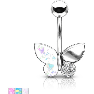 Šperky eshop piercing do bříška z oceli srdíčka glazura s imitací opálu duhové odlesky U10.14 Růžová