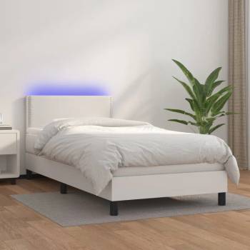 vidaXL Боксспринг легло с матрак и LED бяло 80x200 см изкуствена кожа (3134130)