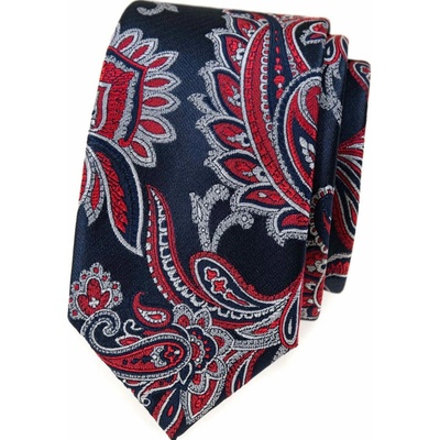 Kravata slim s červeným Paisley vzorom modrá