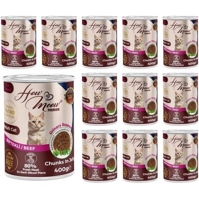 HERMOS How Meow Jelly Adult Cat Food with Beef - Пълоценна храна за пораснали котки, консерва с говеждо в желе 400 гр х 12 броя в стек, Турция