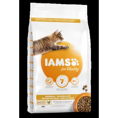 Iams Adult Cat Hairball - Висококачествена суха храна за израснали котки, против сплъстяване на козината с пилешко месо, 10 кг