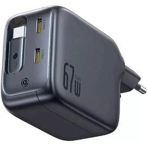 Baseus Захранване за ел. мрежа с вграден USB-C кабел и 2xUSB-C изход с технология за бързо зареждане - Baseus EnerCore CJ11 GaN Fast Wall Charger with USB-C Ports and Retractable USB-C Cable 67W (черен) (E01