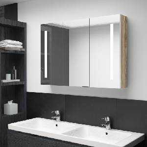 vidaXL LED шкаф с огледало за баня, 89x14x62 см, бяло и дъб (326530)