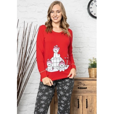 Коледна пижама в червено и сиво с мечета и снежинки
