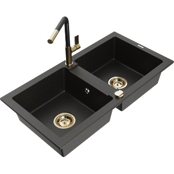Mexen Mario двоен гранитен мивка с кухненски смесител Flora, черен/златен металик - 6504-75-670401-57-G (6504-75-670401-57-G)