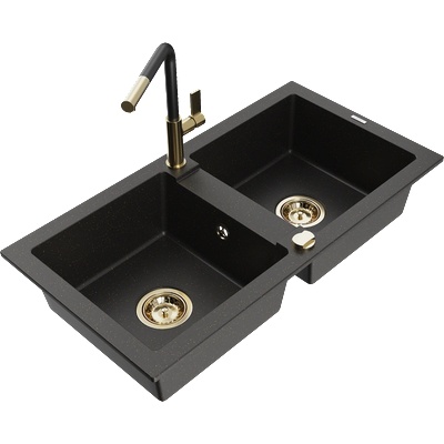 Mexen Mario двоен гранитен мивка с кухненски смесител Flora, черен/златен металик - 6504-75-670401-57-G (6504-75-670401-57-G)
