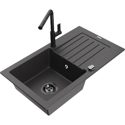 Mexen Pablo гранитна мивка с 1 отделение с отцедник и кухненски смесител Flora, черен петнист - 6510-76-670401-70-B (6510-76-670401-70-B)
