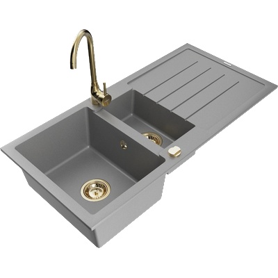 Mexen Andres гранитна мивка с 1, 5 камери с отцедник и кухненски смесител Telma, сив - 6515-71-670200-50 (6515-71-670200-50)