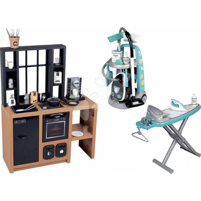 Smoby Set kuchynka moderná Loft Industrial s upratovacím vozíkom a elektronický vysávač so žehliacou doskou a žehličkou
